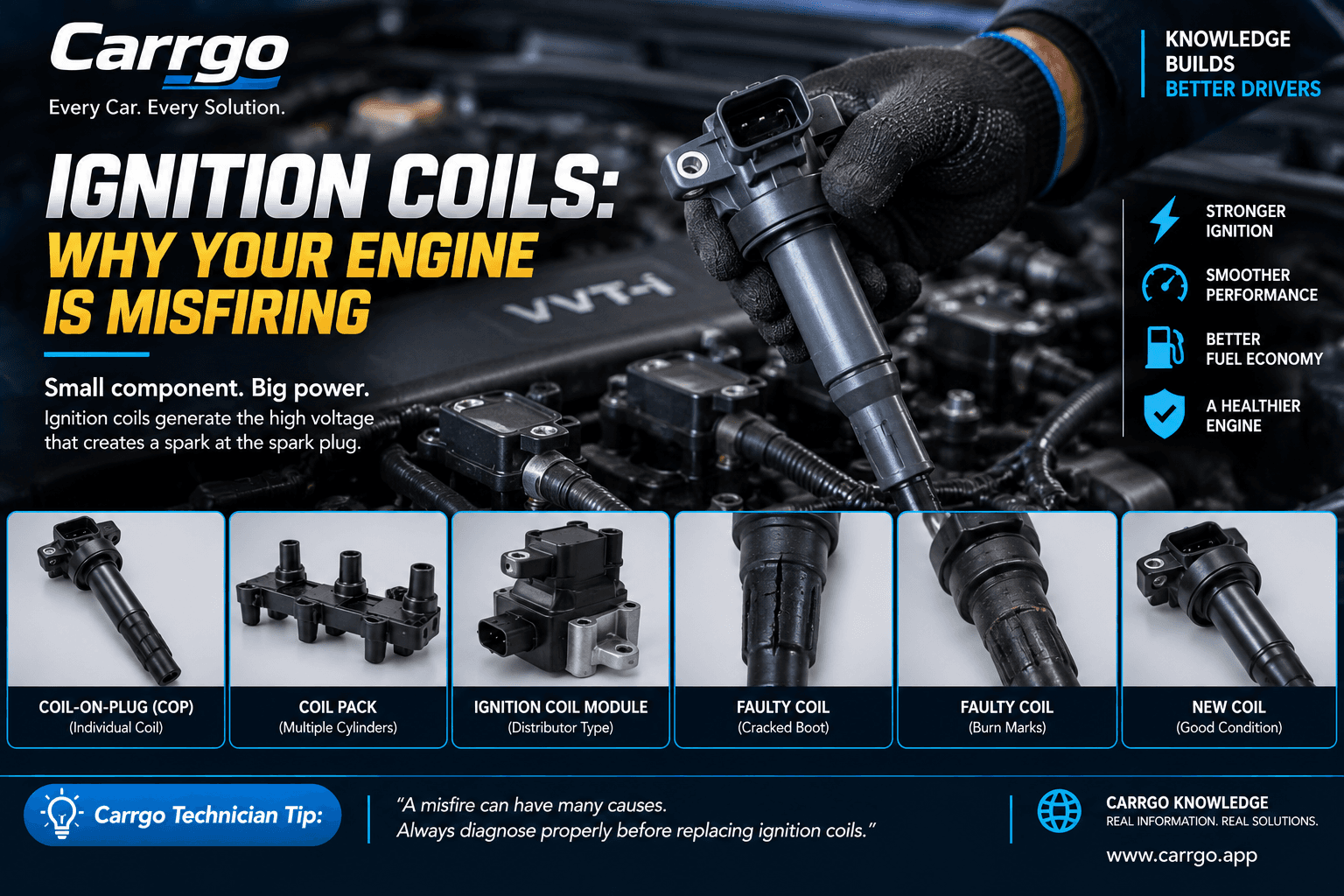 Automotive ignition coil being inspected during engine diagnosis
